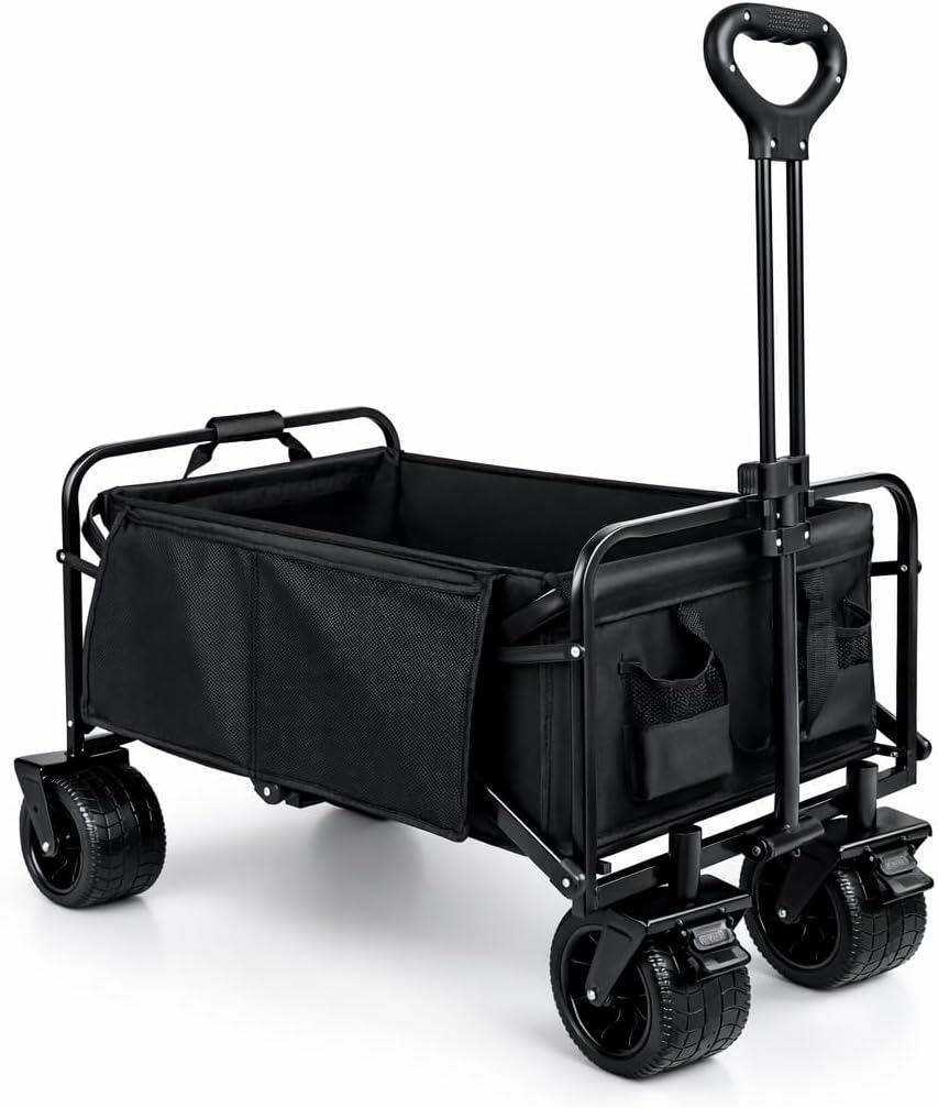 Carro de Mano Plegable con Ruedas Grandes Todoterreno | Carrito Multiusos Ideal Playa, Compra, Jardín o Camping | Carga hasta 150kg | Asa Ajustable | Auxiliar | Transporte de Herramientas o Juguetes