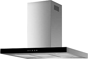 Respekta Cappa Aspirante / Cappa a Isola 90 cm / Struttura in acciaio inox con paralume in vetro nero / Funzione di scarico e ricircolo d'aria / CH44099GISAM / A / 58–73 dB