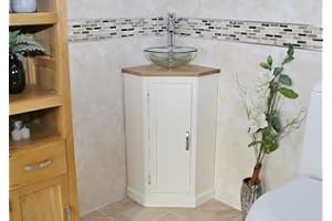 BATHROOMS & MORE STORE Wooden Bathroom Corner Vanity with Sink - Natural Oak Bathroom Sink Cabinet Single-Door Vanity Unit with Chromed Mixer Tap - Oval Bowl with Travertine Top