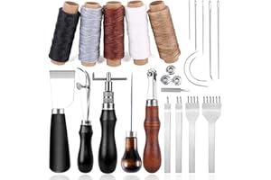 Leder Nähen Werkzeuge Set, Leder DIY Set mit 5 Farben Wachsfaden, Nähnadeln, Locher Meißel, Schneidmesser, Groover und Andere Werkzeuge zum Nähen und Schneiden