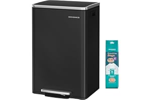 SONGMICS Poubelle de Cuisine 50 L, avec 15 Sacs Poubelle, en Acier, Seau Intérieur Amovible en Plastique, avec Couvercle, Poignées, Fermeture en Douceur, Noir d'Encre LTB595B02