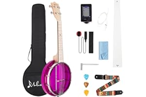 Mulucky 4-saitige Banjo-Ukulele, Mini-Banjo-Ukulele, Violett mit Gigbag Tuner Saitengurt-Plektren – BU80P
