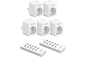 DEWENWILS Prise Télécommandée Programmable avec 5 Prises et 2 Télécommandes Pré-appariés, 10 A 2300 W, Prise Télécommande Sans Fil avec Portée de 30 m dans la Zone Ouverte, Lot de 5