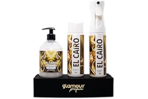 GLAMOUR PARFUM - Pack Ambientador Textil + Recambio 300 ml + Jabón de Manos 500 ml - Ambientador Hogar El Cairo - Aroma Frutal y Floral - para Pulverizar en la Cama o en Cortinas