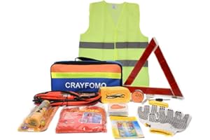 CRAYFOMO 12-In-1 Car Auto Emergency Safety Tool Kits Euro Travel Roadside Assistance with Jumper Cables, Tow Rope, Emergency Triangle, 6-in-1Safety Hammer