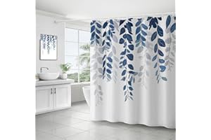 Lerores Duschvorhang 180x180cm Blaublatt, Beschwerter Saum Antischimmel Textil, Wasserabweisend, Waschbar Polyester Stoff Badevorhänge mit 12 Ösen und Duschvorhangringe für Badezimmer, Badewanne