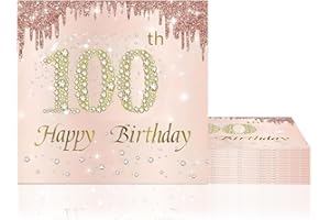YAYAFUNFUN 100th Birthday Napkins 20 Packs Rose Gold Napkin Serviettes Party Tissue for Women Her,100th Birthday Table Decorations