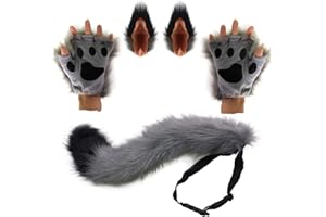 PPFINE Wolf Fuchs Schwanz Clip Ohren und Handschuhe Set Halloween Weihnachten Fancy Party Kostüm Spielzeug Geschenk für Kinder oder Erwachsene