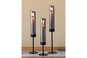 Sziqiqi świecznik na świece stojące, kolor czarny z szarym szklanym dymiakiem: zestaw 3 świeczników na świece stojące, metalowe z szklanym dymiakiem, kolor czarny do dekoracji stołu - nowoczesny