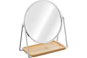 Navaris Lustro stołowe z tacą - dwustronne powiększające lusterko do makijażu 1x/2x z podstawą bambusową - do toaletki, łazienki, sypialni - srebrne