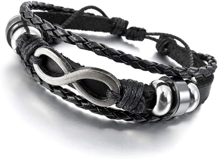 AIUIN Alloy Genuine Leather Bracelet Bangle Cord Chain Black Brown Silver Tone Infinity Love Symbol for Men/Women (Black)