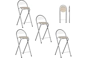 ZZINOKE Set di 4 Sgabello Bar Pieghevole,Sgabello Pieghevole Alto con Schienale,Nessun Montaggio Richiesto, Altezza seduta 61 cm, per Cucina,Bistrot,all'Aperto(Venatura del Legno e Argento)