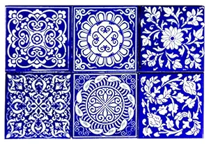 Shiv Kripa Blue Pottery Home Decor Tile Ceramic High Lighter Wall Tiles 4 x 4 Inch Set of 6 Tiles (Blue & White)