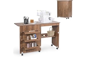 RELAX4LIFE Mesa de Costura Plegable con 5 Ruedas, 4 Estantes de Almacenamiento y Frenos, Mesa para Máquina de Coser de MDF, Mesa Multifuncional para Salón, Dormitorio, 118,5x40x79,5cm (Marrón)