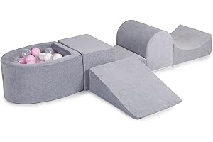 MEOWBABY Spielplatz Aus Schaumstoff mit Bällebad 200x45cm/100 Bälle Hindernisläufen für Kinder Baby Schaumspielset Hellgrau: Pastellrosa/Transparent/Weiß