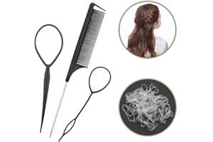 HY DOT Hair Braiding Tool Rat Tail Comb Braid Tail Hair Loop Tool - Hair Pull Through Tool Pin Tail Comb - Parting Comb hair Twister looping Tool Elastic Hair ties French Braid Gift Set