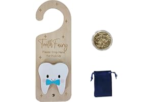 PAMBO Tooth Fairy Door Hanger, Wooden Holder with Tooth Coins for Kids - Blue