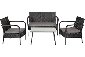 HAPPY GARDEN Salon de Jardin Lipari en résine tressée Noir 4 Places - Coussins Gris