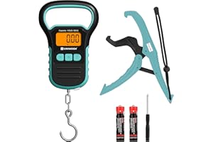 UNIWEIGH Fishing Scale 110lb/50kg with Lip Gripper, Digital Fish Scale, Hanging Hook Luggage Scale with 60inches Tape Ruler, Gift for Fisherman, 2 AAA Batteries Included - Cyan