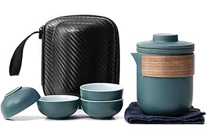 SERLIUM Teiera Giapponese Fornello Portatile Set Teiera e Tazze 1 Teiera e 4 Tazze da tè con Scatola Il Design a Becco D'aquila Separa Efficacemente le Foglie di tè Manico in Legno Antiscottatura Blu Scuro