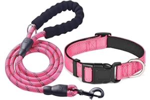 KOMUNJ Set collare e guinzaglio riflettente per cani, collare regolabile, guinzaglio in nylon resistente per cani di taglia media e grande,Rosa, s
