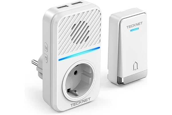 TECKNET Sonnette sans Fil, 400M Sonnette de Porte sans Fil Auto-alimentée, IP65 Étanche Carillon Electronique, Kit de Carillon avec Prises USB Externe et Lumière LED, 60 Mélodies, 5 Niveaux Volumes