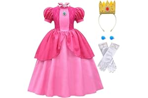 DELANHON Kids Princess Peach Dresses Costume Girls Super Bros Deluxe Lace Dress Up Outfit with Crown Earrings and Gloves