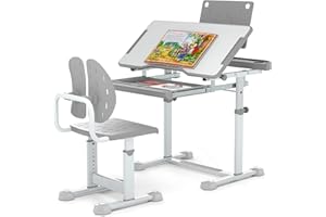 ‎COSTWAY COSTWAY Schreibtisch Kinder mit Stuhl, Kinderschreibtisch höhenverstellbar mit neigbarer Tischplatte, Jugendschreibtisch mit Schublade & Buchständer für Schulanfänger ab 3 Jahren (Grau)