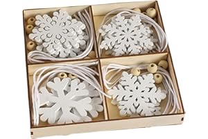 Kabwea 24 adornos de copos de nieve blancos, adornos para árbol de Navidad, decoración navideña, decoración de madera, adornos navideños (4 diseños)