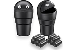 VBGURR Car Bin with Trash Bags，Cute Car Trash Can with Lid，Flip-top Design Car Bins for Front of Car，Small Trash Can Car Ashtray for Car, Office, Home (2 PCS with 10 Rolls Trash Bags)