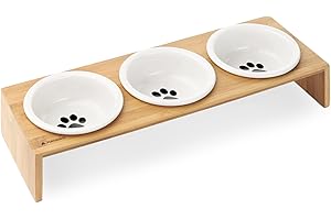 Navaris Set 3X Ciotola Cane Gatto Ceramica - 3X 360ml con Base rialzata in bambù- Set di 3X scodelle con Supporto in Legno per Cibo Acqua croccantini