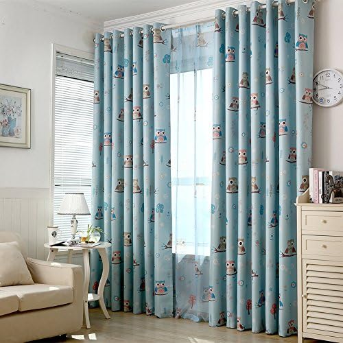Window Drapes Cartoon Print Owl Blackout Top Silver Grommets Curtain Children Kids Bedroom 2 PanelsBlue^^^54*84*2