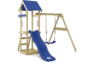 WICKEY Parque Infantil para trepar TinyWave con Columpio y tobogán Azul, Torre de Escalada para niños de Exterior con arenero, Escalera y Accesorios de Juego para el jardín