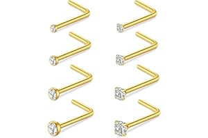 NIUSIMAN 8PCS Piercing nariz Oro Plata 20G,Piercing nariz acero quirurgico Set de Oro delgada barra de cristal de la nariz Piercing Kit de Oro Piercing Bares Set Regalo para Mujeres Hombres Niñas