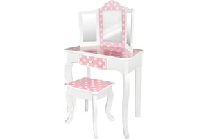 WOOMAX Teamson 85388, Schminktisch aus Holz, mit Hocker und Spiegel, für Mädchen mit Schublade, Lernspielzeug für Kinder 3 Jahre, Rosa, Medium