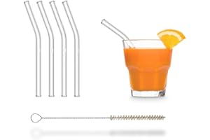 HÅLM HALM szklane słomki wielokrotnego użytku - 4 sztuki krótkie, zakrzywione 15 cm + plastikowa szczotka do czyszczenia - nadające się do zmywarki - ekologiczne - szklane rurki do szklanek koktajlowych.