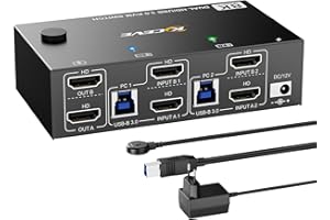 ESKEVE Commutateur KVM 2 PC 2 moniteurs 8K @ 60Hz 4K @ 144Hz, commutateur KVM double moniteur HDMI2.1 pour 2 PC Partager 2 moniteurs et 4 appareils USB 3.0 (3USB-A+USB-C), avec bloc d'alimentation 12 V CC +