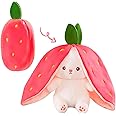 Tinytotem Reversible Strawberry Rabbit Bunny Carrot Plush Toys with Zipper, Cute and Versatile Plushies Stuffed Animal Soft Toy Birthday Gift for Girls & Kids (Pink)