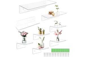 Vyuwast 8 Pcs Acrylic Shelves, Acrylic Floating Bookshelves for Wall Display Clear Bedside Shelf Wall Mounted Plant Shelf with 16 Screw Utilizes Wall Space for Book Picture, Toys, Plant