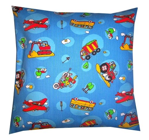 TryPinky® Kissenhülle 40 X 40 cm "Fahrzeuge Blau" Flugzeug Bus Traktor Kissenbezug für Kissen 100 % BW Baumwolle Sommer Geschenk