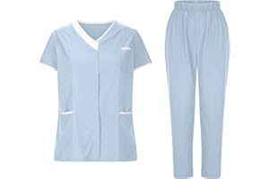 SYDUZAX Ensemble Uniformes Femme Vêtements De Protection Blouse Infirmière Santé Uniforme Médical Haut et Pantalon Travailleur De Soins Manches Courtes Couleur Unie Tenue Aide Soignante Professionnelle