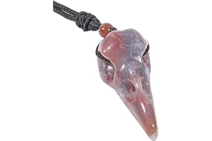 Lovionus89 Natural Crystal Stone Raven Skull Pendant Necklace Hand Carved Crow Head Charm with Adjustable Cord