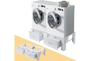 ‎VRIETINA Stahl Doppel Waschmaschinen Untergestell, 2-Fach Schubladen, Trockner Unterschrank Doppeluntergestell Doppelpodest, max. 300kg, 126x54x32 cm, Waschmaschinen Sockel Unterbau Erhöhung Podest, Weiß