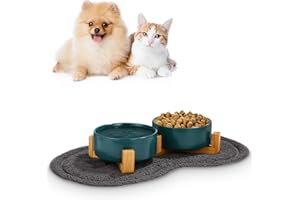 JOFLVA Gamelle Chat Sureleve 2x400ML Ceramique Bol AVCE Support Tapis Antidérapant pour Chien (Vert