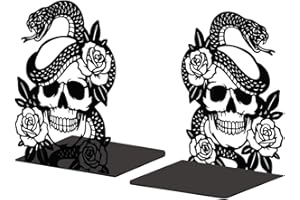 Peacoblue Metal Bookends for Shelves, Modern Decorative Heavy Duty Study Book Support Stoppers for Office, Desk, Shelf, Room 5.3"x4.3"x6.7" Cast Iron Simple Tall Bookends, 1 Pair (Skulls and Snakes)