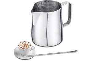 Emsmil 350ml Jarra para Leche Acero Inoxidable Plata Taza de Café para Espumar con Marca de Medición y Lápiz Artístico Jarritas Leche para Barista Cafetera Jarras Decorativas
