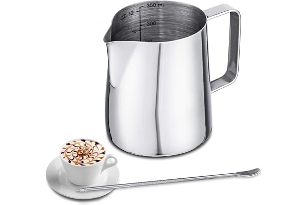 Emsmil Pichet à Lait Inox 350ml Pot à Lait Mousser Metal Barista avec Mesure Mark et Latte Art Pen Tasse de Mousseurs à Main Levée Milk Café Cruche pour la Création Cappuccino Espresso