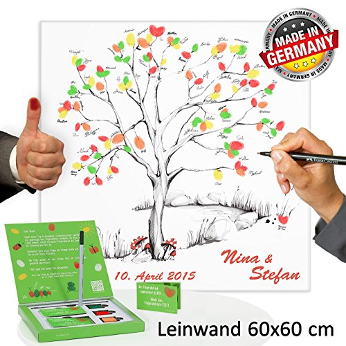 Fingerabdruck Baum Leinwand oder Poster INKL Zubehör-Set (Stempelkissen+Stift+Anleitung+Hochzeitsbuch+...) GRATIS + PORTOFREI - Wedding Tree Zeichenstil - Hochzeitsbaum Fingerabdruck - Fingerabdrücke der Hochzeitsgäste auf Leinwand / Poster als Hochzeitsgästebuch Einträge - Fingerabdruck Baum Leinwand oder Poster - Wedding Tree Zeichenstil