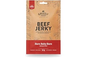 ‎GRIZZLY FOODS Grizzly Foods • Beef Jerky Burn Baby Burn (5 x 50g) • Dried Meat from German Cattle • High Protein Snack • Ideal for On the Go, Office, Sports