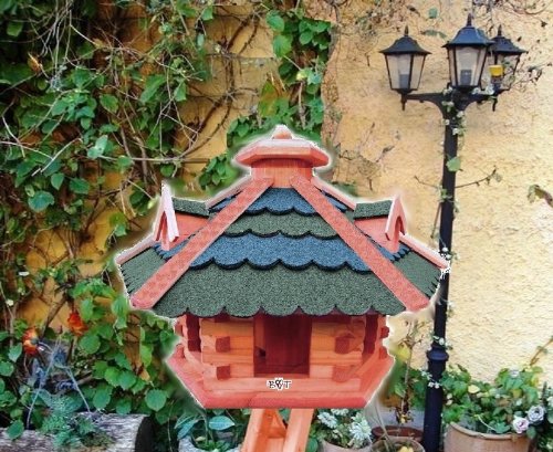 Vogelhaus -Holz Nistkästen & Vogelhäuser- Futterhaus aus Holz behandelt Futterhaus mit GRÜN + GRAU blau BG50g-bGMS mit Ständer - 2